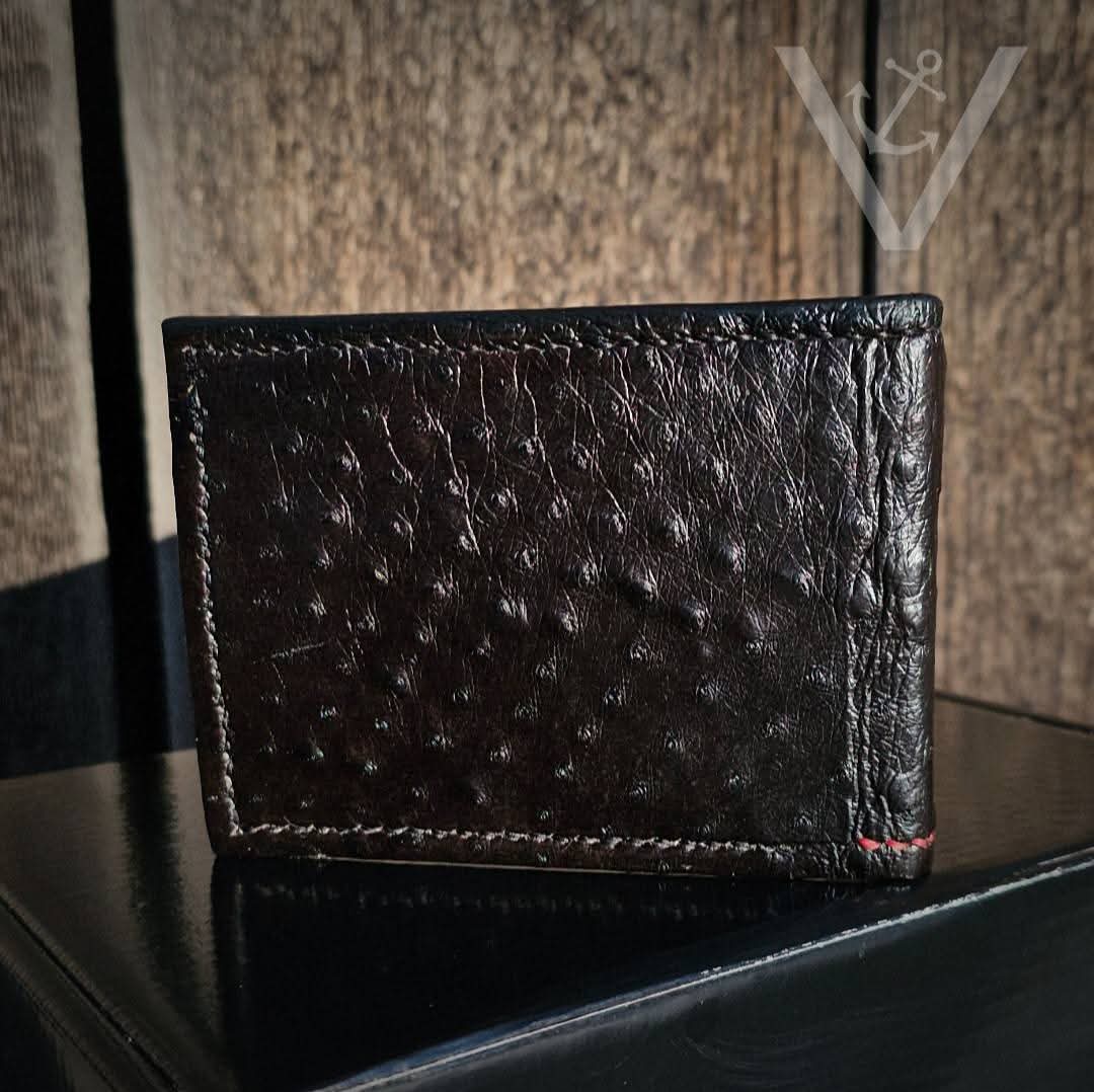 Leather Bifold Wallet - Black Ostrich