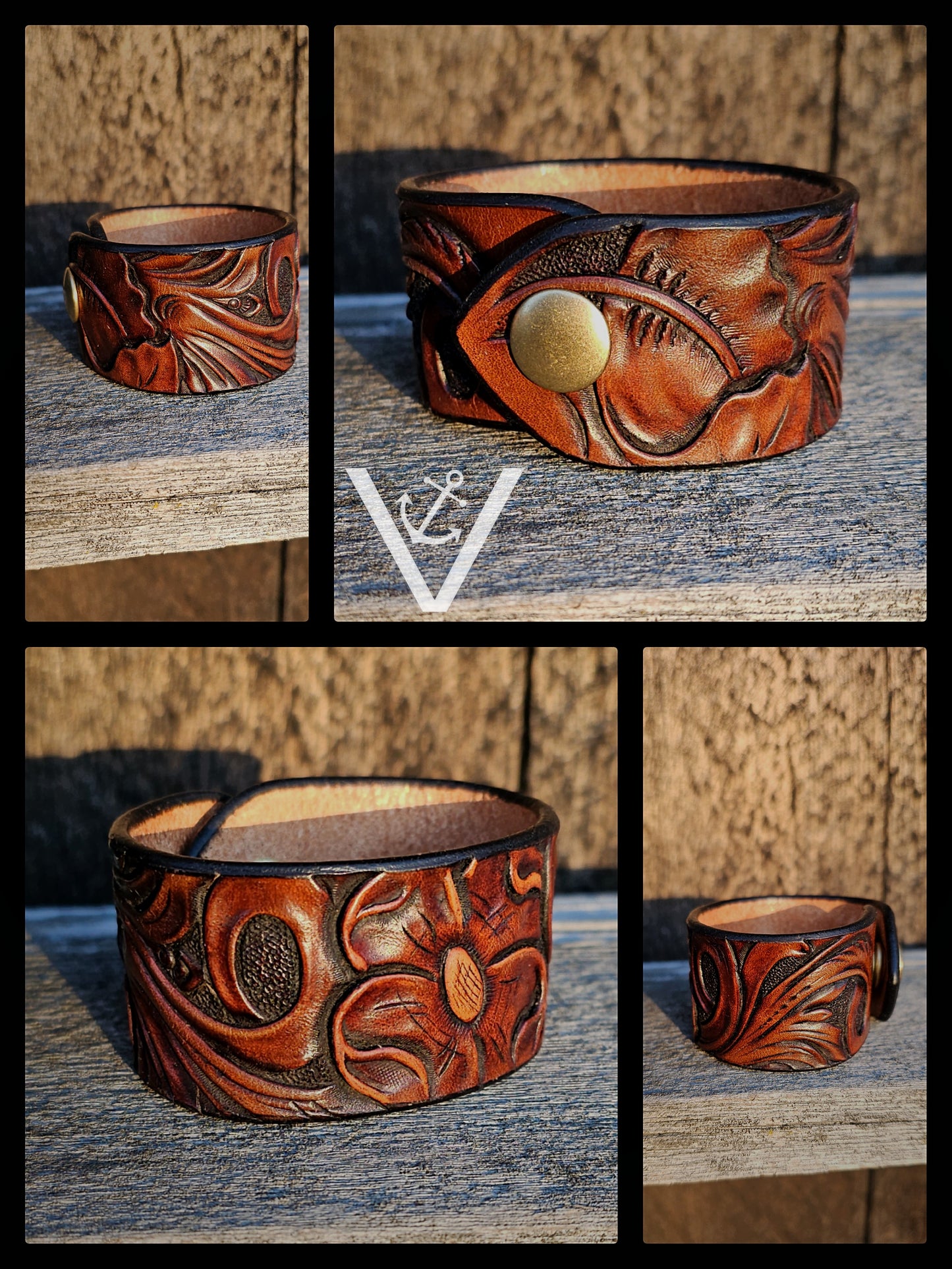 Leather Cuff - Floral in Walnut